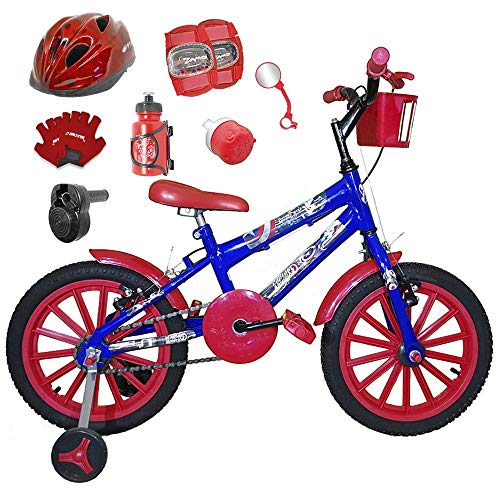 Bicicleta Infantil Aro 16 Azul Kit Vermelho C/Capacete, Kit Proteção e Acelerador