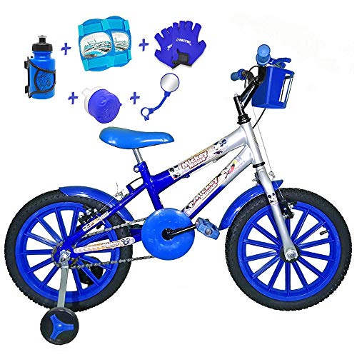 Bicicleta Infantil Aro 16 Azul Prata Kit Azul C/Acessórios e Kit Proteção