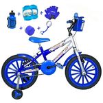 Bicicleta Infantil Aro 16 Azul Prata Kit Azul C/ Acessórios e Kit Proteção