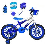 Bicicleta Infantil Aro 16 Azul Prata Kit Azul C/ Acessórios E Kit Proteção