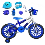 Bicicleta Infantil Aro 16 Azul Prata Kit Azul C/ Capacete e Kit Proteção