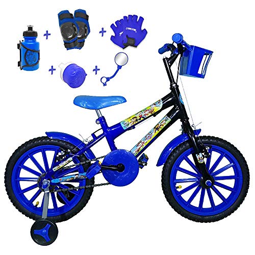 Bicicleta Infantil Aro 16 Azul Preta Kit Azul C/Acessórios e Kit Proteção