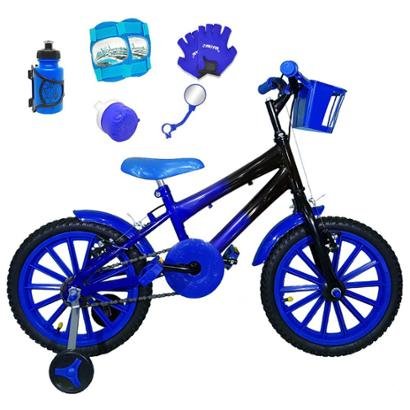 Bicicleta Infantil Aro 16 Azul Preta Kit Azul C/ Acessórios e Kit Proteção