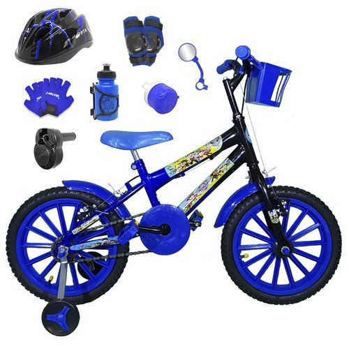 Bicicleta Infantil Aro 16 Azul Preta Kit Azul C/ Capacete, Kit Proteção e Acelerador