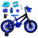 Bicicleta Infantil Aro 16 Azul Preta Kit Azul C/ Capacete, Kit Proteção E Acelerador