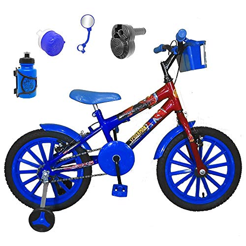 Bicicleta Infantil Aro 16 Azul Vermelha Kit Azul C/Acelerador Sonoro