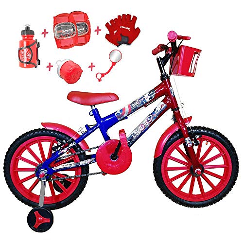 Bicicleta Infantil Aro 16 Azul Vermelha Kit Azul C/Acessórios e Kit Proteção