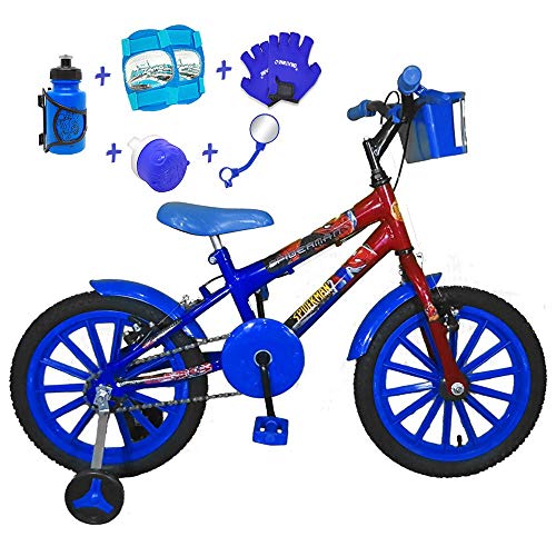 Bicicleta Infantil Aro 16 Azul Vermelha Kit Azul C/Acessórios e Kit Proteção