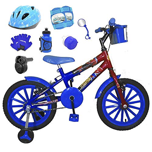 Bicicleta Infantil Aro 16 Azul Vermelha Kit Azul C/Capacete, Kit Proteção e Acelerador