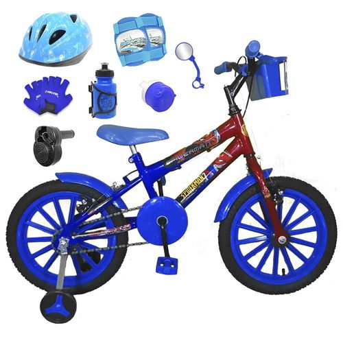 Bicicleta Infantil Aro 16 Azul Vermelha Kit Azul C/ Capacete, Kit Proteção e Acelerador
