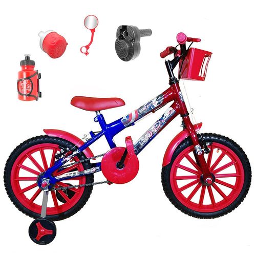 Bicicleta Infantil Aro 16 Azul Vermelha Kit Vermelho C/ Acelerador Sonoro