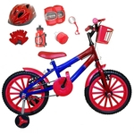 Bicicleta Infantil Aro 16 Azul Vermelha Kit Vermelho C/ Capacete e Kit Proteção