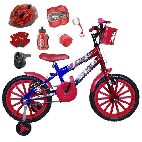 Bicicleta Infantil Aro 16 Azul Vermelha Kit Vermelho C/ Capacete, Kit Proteção e Acelerador