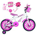 Bicicleta Infantil Aro 16 Branca Kit Pink C/ Acessórios e Kit Proteção