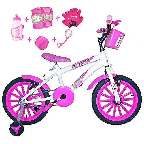 Bicicleta Infantil Aro 16 Branca Kit Pink C/Acessórios e Kit Proteção
