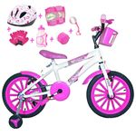 Bicicleta Infantil Aro 16 Branca Kit Pink C/ Capacete e Kit Proteção