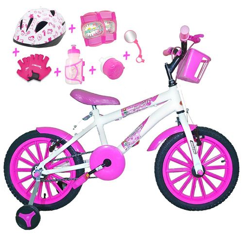 Bicicleta Infantil Aro 16 Branca Kit Pink C/ Capacete e Kit Proteção