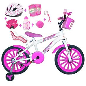 Bicicleta Infantil Aro 16 Branca Kit Pink com Capacete, Kit Proteção e Cadeirinha