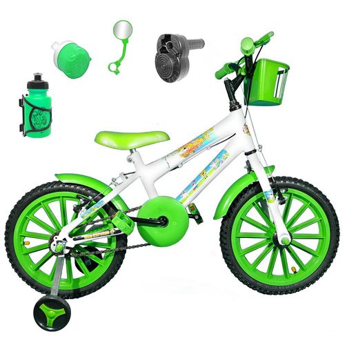 Bicicleta Infantil Aro 16 Branca Kit Verde C/ Acelerador Sonoro