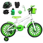 Bicicleta Infantil Aro 16 Branca Kit Verde C/ Capacete e Kit Proteção