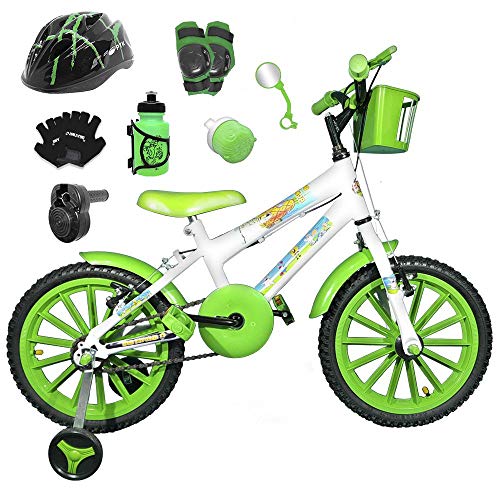 Bicicleta Infantil Aro 16 Branca Kit Verde C/Capacete, Kit Proteção e Acelerador