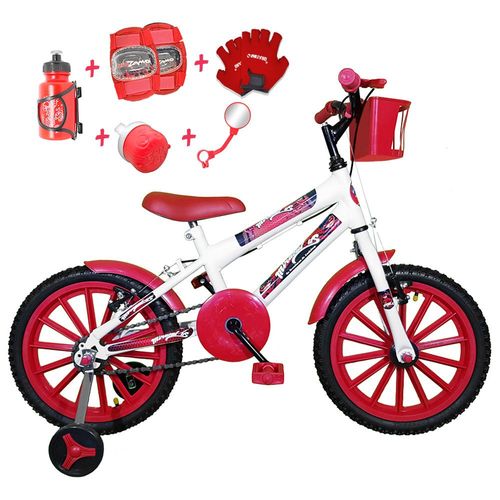 Bicicleta Infantil Aro 16 Branca Kit Vermelho C/ Acessórios e Kit Proteção
