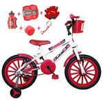 Bicicleta Infantil Aro 16 Branca Kit Vermelho C/ Acessórios e Kit Proteção