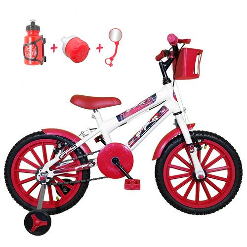 Bicicleta Infantil Aro 16 Branca Kit Vermelho C/ Acessórios