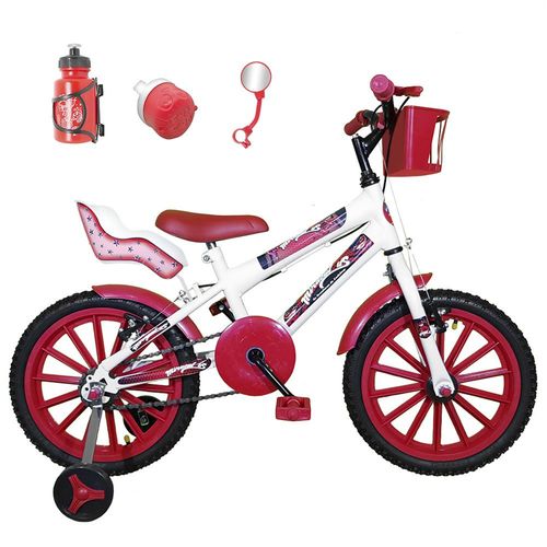 Bicicleta Infantil Aro 16 Branca Kit Vermelho C/ Cadeirinha para Boneca