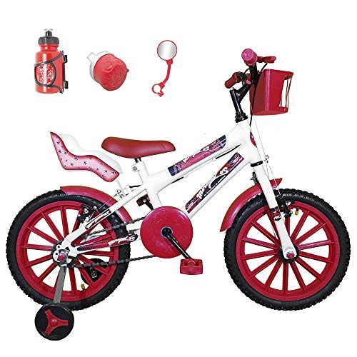 Bicicleta Infantil Aro 16 Branca Kit Vermelho C/Cadeirinha para Boneca