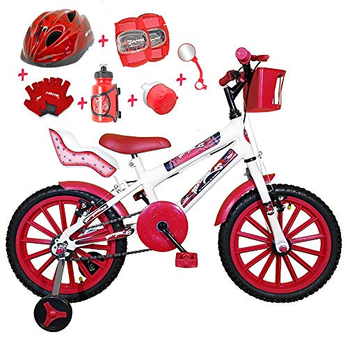 Bicicleta Infantil Aro 16 Branca Kit Vermelho C/Capacete, Kit Proteção e Cadeirinha