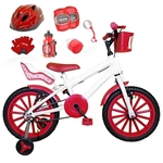 Bicicleta Infantil Aro 16 Branca Kit Vermelho C/ Capacete, Kit Proteção E Cadeirinha