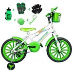 Bicicleta Infantil Aro 16 Branco Kit Verde C/ Acessórios e Kit Proteção