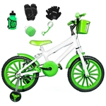 Bicicleta Infantil Aro 16 Branco Kit Verde C/ Acessórios E Kit Proteção