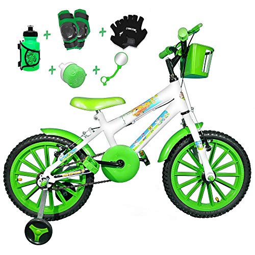 Bicicleta Infantil Aro 16 Branco Kit Verde C/Acessórios e Kit Proteção