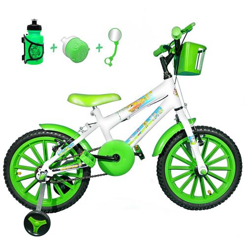 Bicicleta Infantil Aro 16 Branco Kit Verde C/ Acessórios
