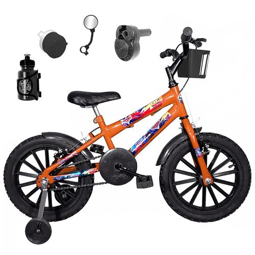 Bicicleta Infantil Aro 16 Laranja Kit Preto C/ Acelerador Sonoro