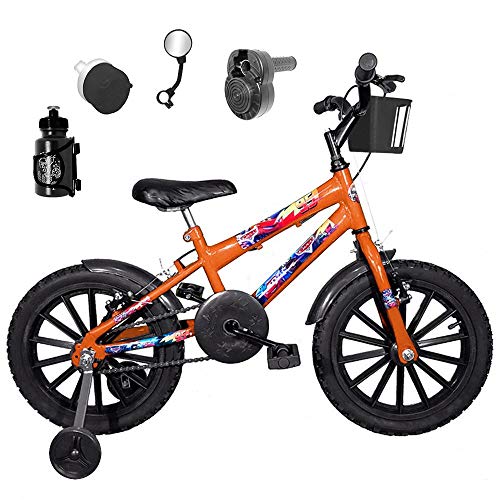 Bicicleta Infantil Aro 16 Laranja Kit Preto C/Acelerador Sonoro