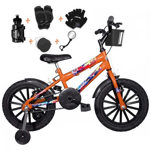Bicicleta Infantil Aro 16 Laranja Kit Preto C/ Acessórios e Kit Proteção