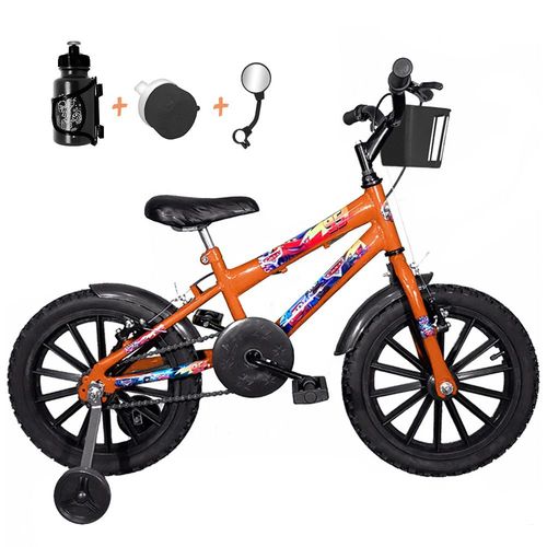 Bicicleta Infantil Aro 16 Laranja Kit Preto C/ Acessórios