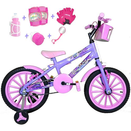 Bicicleta Infantil Aro 16 Lilás Kit Rosa Bebê C/ Acessórios e Kit Proteção