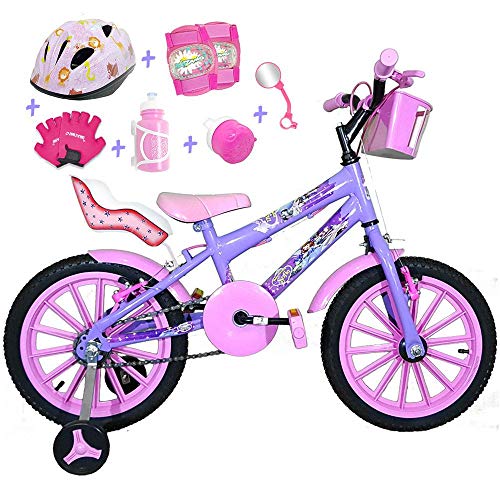 Bicicleta Infantil Aro 16 Lilás Kit Rosa Bebê C/Capacete, Kit Proteção e Cadeirinha