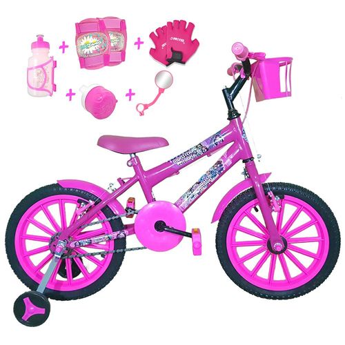 Bicicleta Infantil Aro 16 Pink Kit Pink C/ Acessórios e Kit Proteção