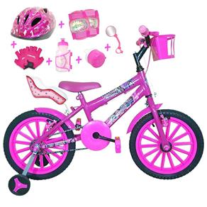 Bicicleta Infantil Aro 16 Pink Kit Pink com Capacete, Kit Proteção e Cadeirinha