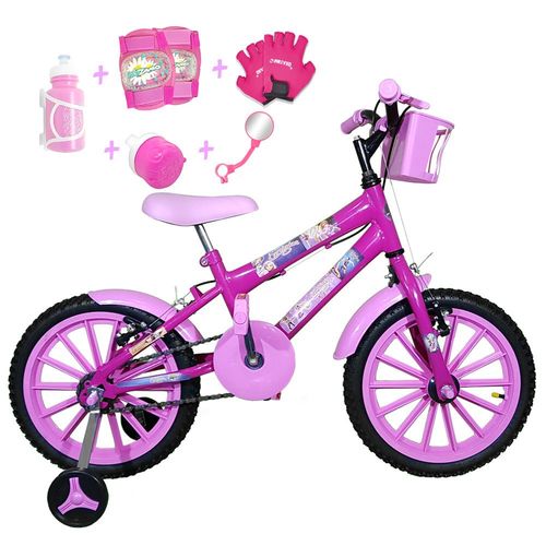 Bicicleta Infantil Aro 16 Pink Kit Rosa Bebê C/ Acessórios e Kit Proteção