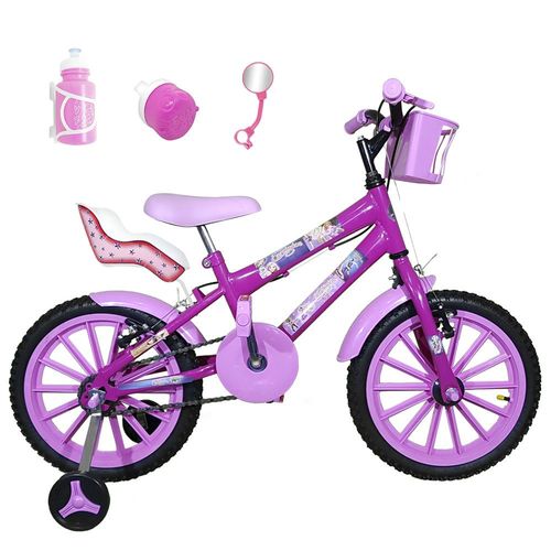 Bicicleta Infantil Aro 16 Pink Kit Rosa Bebê C/ Cadeirinha para Boneca