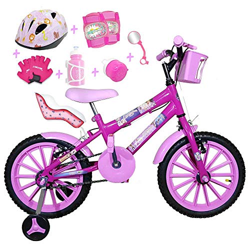 Bicicleta Infantil Aro 16 Pink Kit Rosa Bebê C/Capacete, Kit Proteção e Cadeirinha