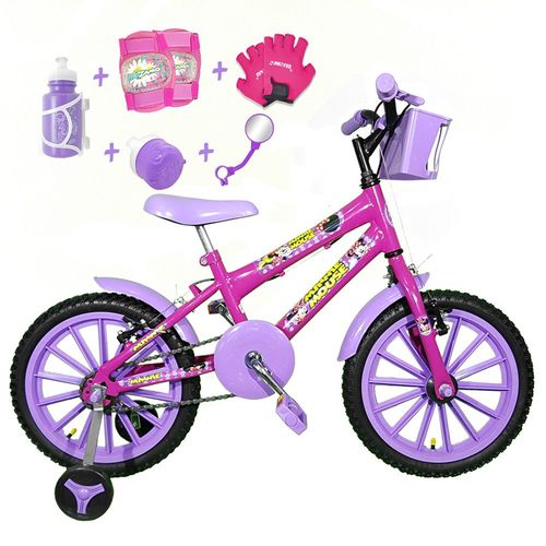 Bicicleta Infantil Aro 16 Pink Kit Roxo C/ Acessórios e Kit Proteção