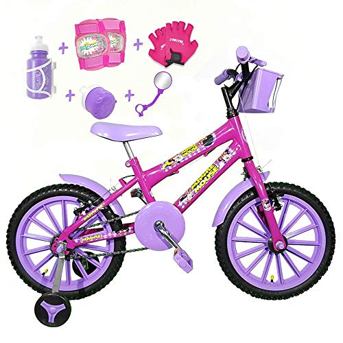 Bicicleta Infantil Aro 16 Pink Kit Roxo C/Acessórios e Kit Proteção