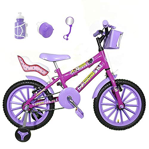 Bicicleta Infantil Aro 16 Pink Kit Roxo C/Cadeirinha para Boneca
